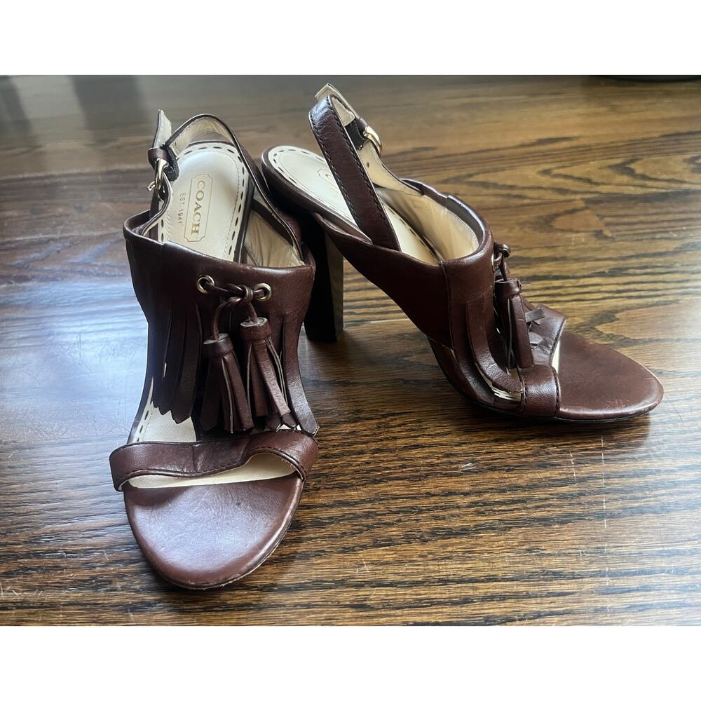 Coach women’s leather shoes Sz. 6.5 brown tassel fringe accent sandals heels
